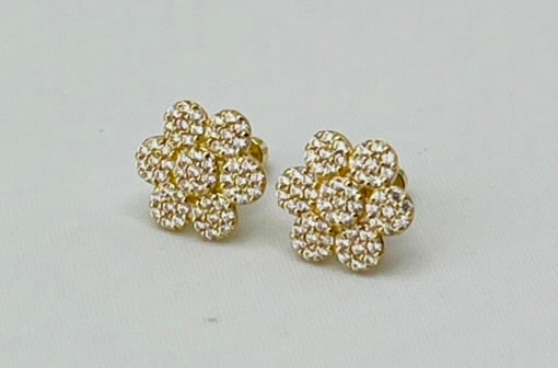 14KT Yellow Gold Flower Cluster Cubic Zirconia Stud Earrings: 14KT yellow gold flower cluster cubic zirconia stud earrings. 1.4 grams