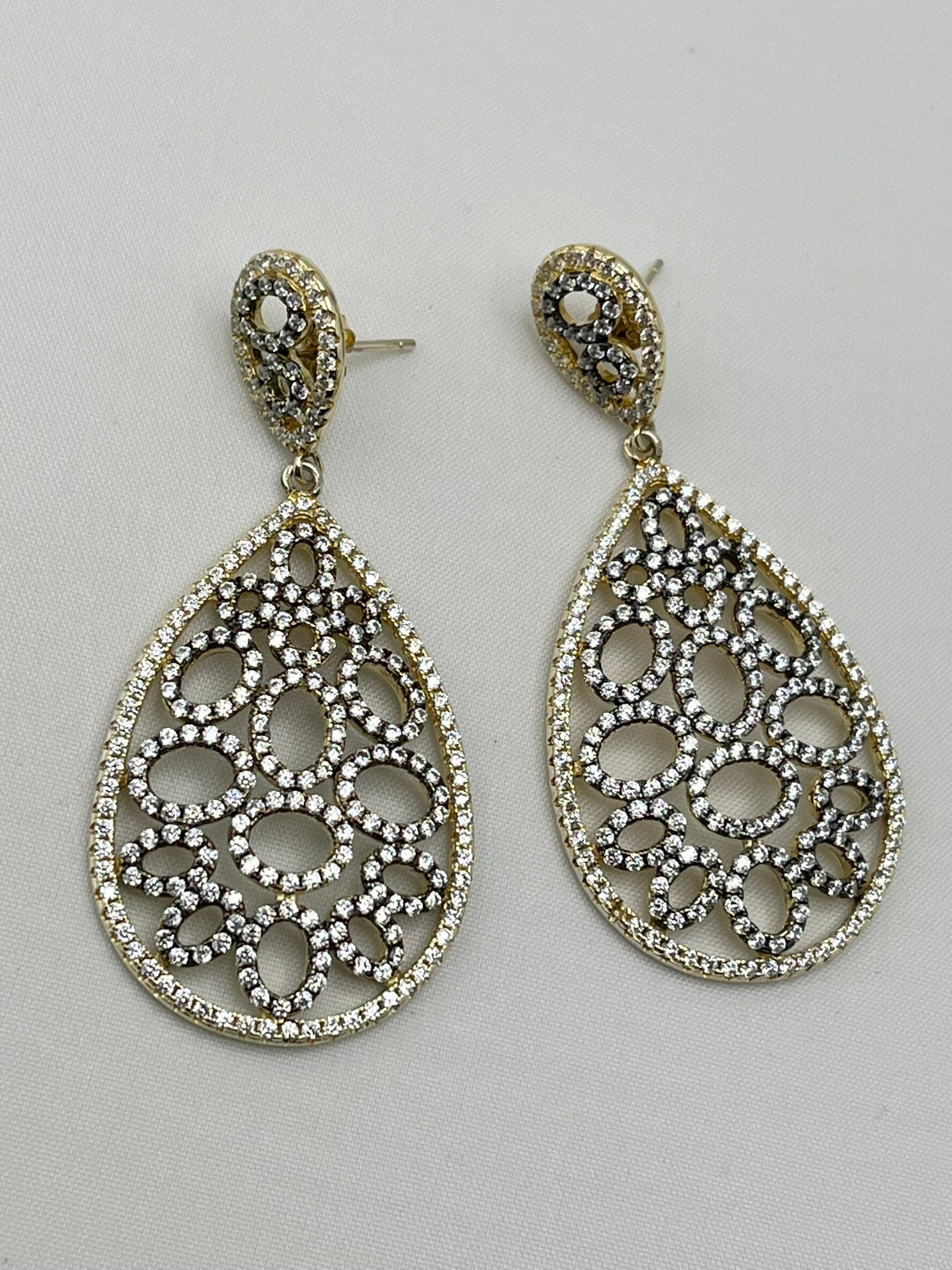 925 Sterling Silver Tear Drop Two Tone Openwork Crystal Pave earrings (1 of 9)