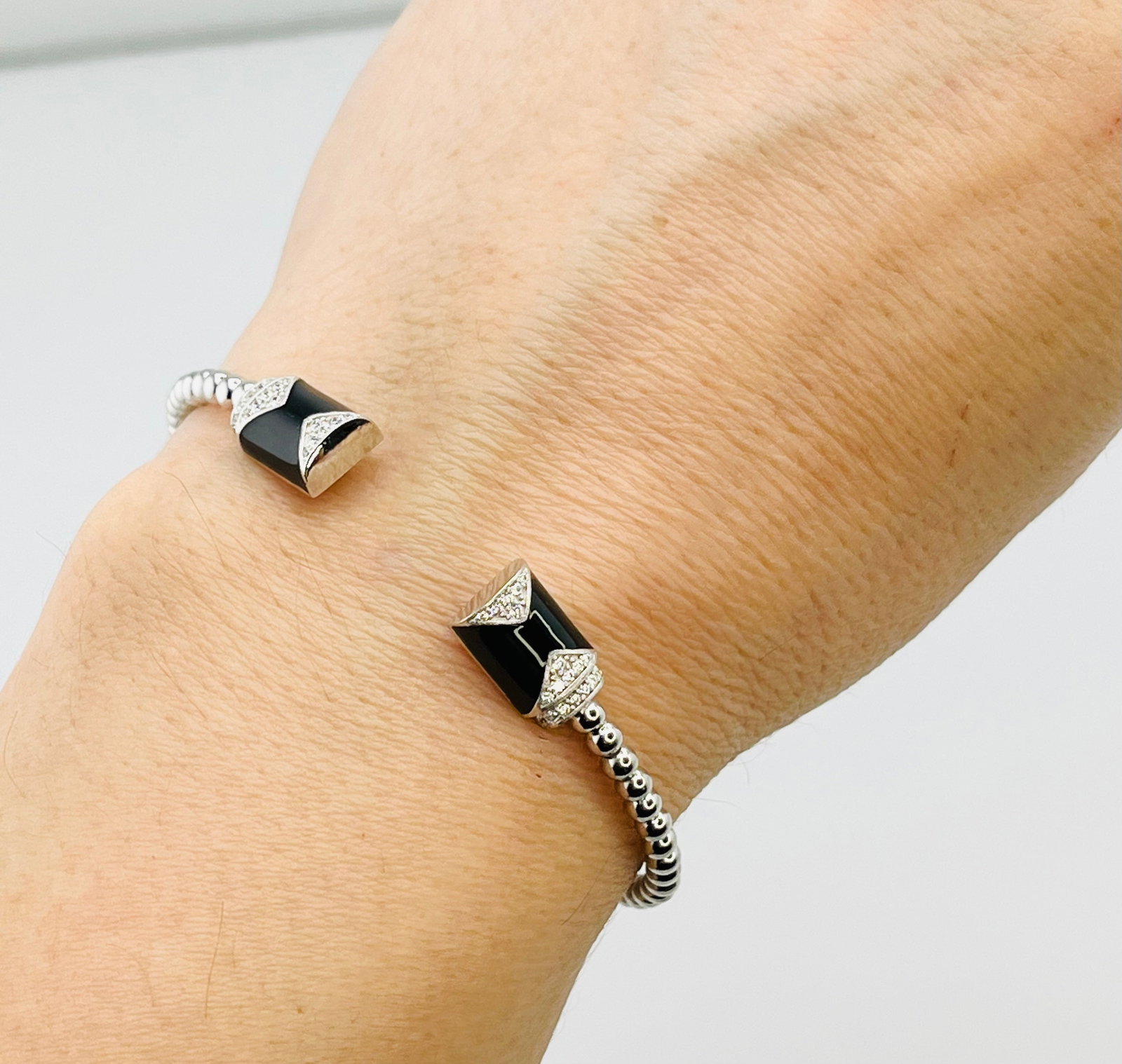 925 Sterling Silver Beaded Bar Black Onyx and Crystal Open Bangle (1 of 7)