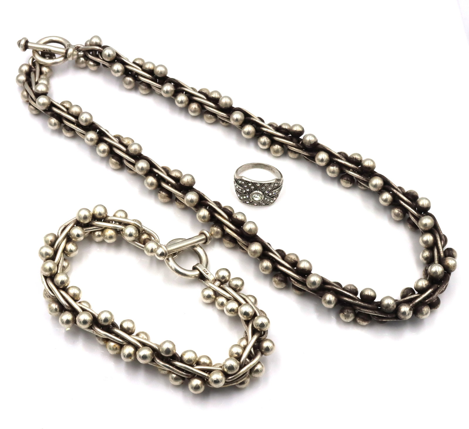 Set of 925 Sterling silver Edinburg Hallmarked beaded necklace and matching bracelet and ring (1 of 9)