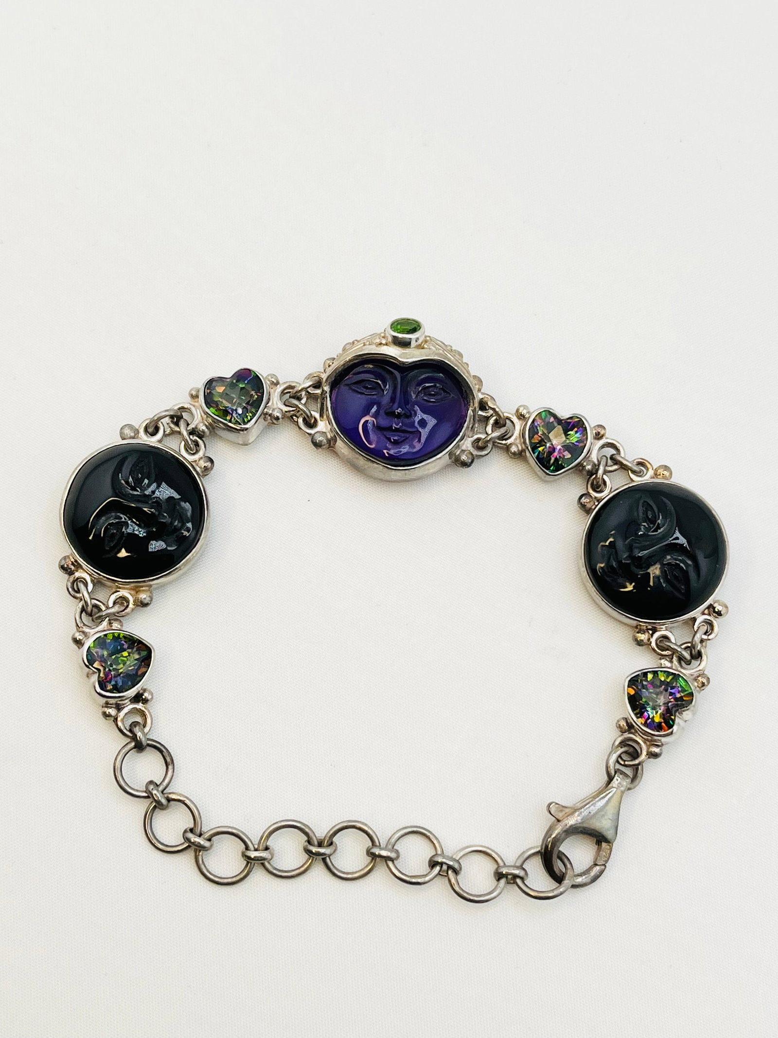 925 Sterling Silver Signed Sajen Hand Made Carved Amethyst And Mystic Topaz Accent Bracelet (1 of 7)