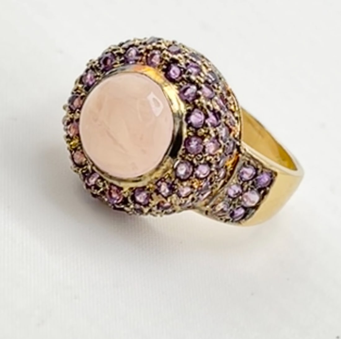 14KT Yellow Gold Cabochon Rose Quartz Center Stone Surrounded By Amethyst Halo Ring (1 of 8)