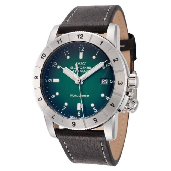 Glycine Airman Contemporary Worldtimer Men's Watch: This sophisticated sport watch features a 42 mm round stainless steel case paired with a sleek black leather strap, secured by a classic buckle. The vibrant green dial is accented with silver-tone han