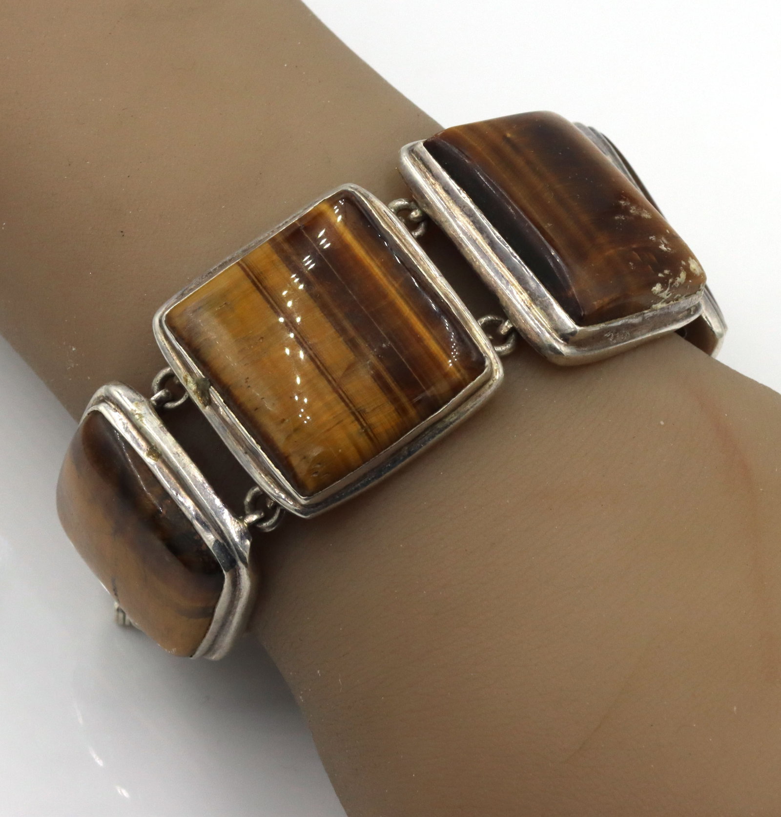 Vintage 925 sterling silver Tiger eye square link adjustable bracelet (1 of 5)