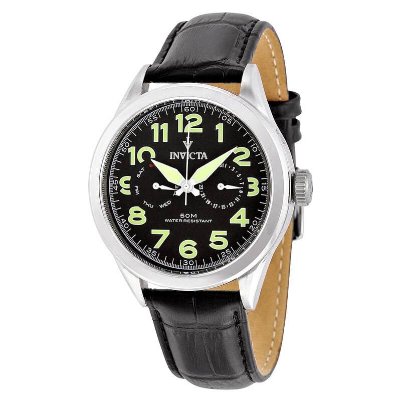 Invicta Vintage Black Dial Leather Strap Men's Watch: Classic styling meets everyday functionality in this Invicta Vintage men's watch. Featuring a polished stainless steel case paired with a black leather strap, this timepiece delivers a refined casual 