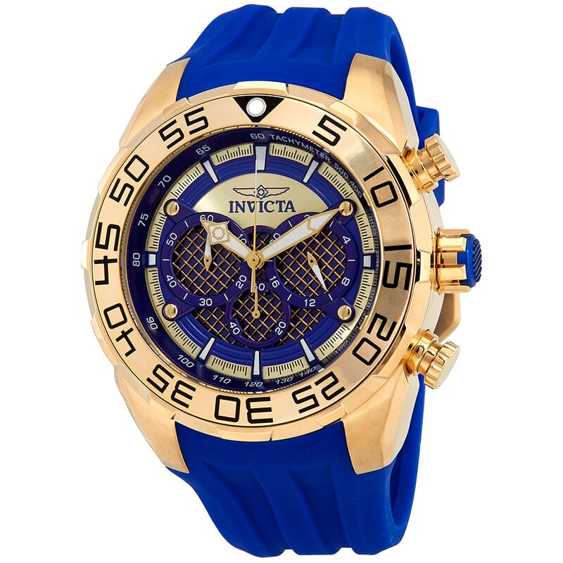 Invicta Speedway Chronograph Blue Dial Blue Silicone Men?s Watch: Make a bold statement with this Invicta Speedway sport watch, featuring a striking blue dial paired with a durable blue silicone strap for a modern athletic look. The oversized 50mm yellow gold-plated