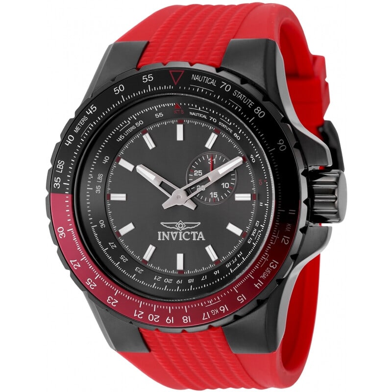 Invicta Aviator Men's Quartz Gunmetal Dial Red Silicone Strap Watch: Experience bold style with this Invicta Aviator men's watch featuring a large 50 mm stainless steel case and a striking gunmetal analog dial. The red silicone strap provides a comfortable fit, while t