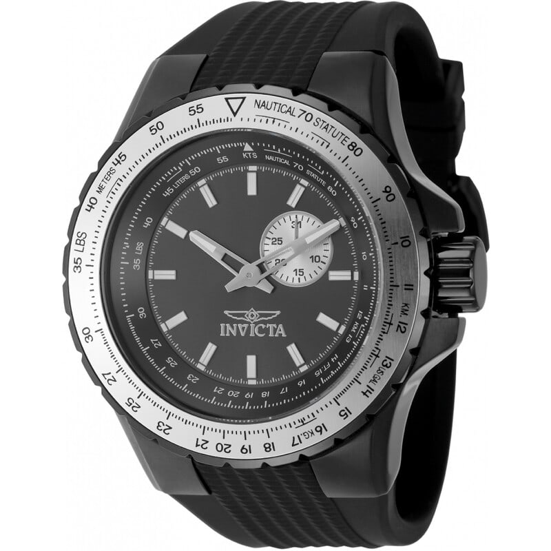 Invicta Aviator Mens Quartz Watch Gunmetal Dial Black Silicone Strap 50 mm: This Invicta Aviator men's watch features a bold 50 mm round stainless steel case paired with a comfortable black silicone strap for a modern and sporty look. The gunmetal analog dial is accented with