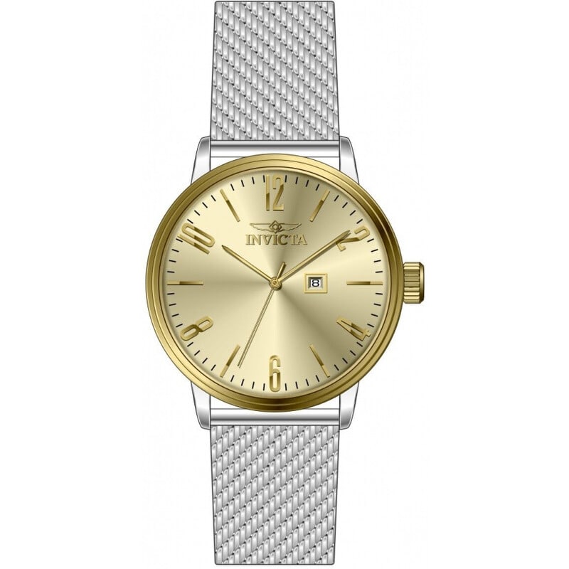 Invicta Specialty Mens Quartz Gold Dial Stainless Steel Mesh Bracelet Watch: Add a refined look to your everyday style with this Invicta Specialty mens watch featuring a striking gold tone analog dial with a combination of index and Arabic numeral hour markers. The round stain