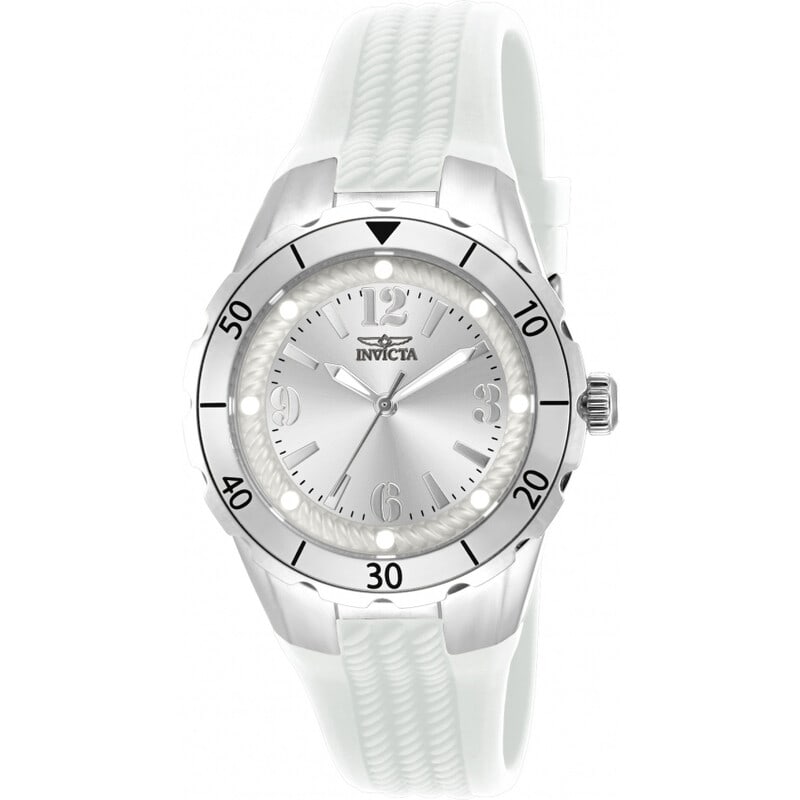Invicta Angel Womens Quartz Sport Watch Silver Tone Dial White Polyurethane Strap: Add a stylish and sporty touch to your collection with this Invicta Angel womens quartz watch. The watch features a 38 mm round stainless steel case paired with a comfortable white polyurethane strap