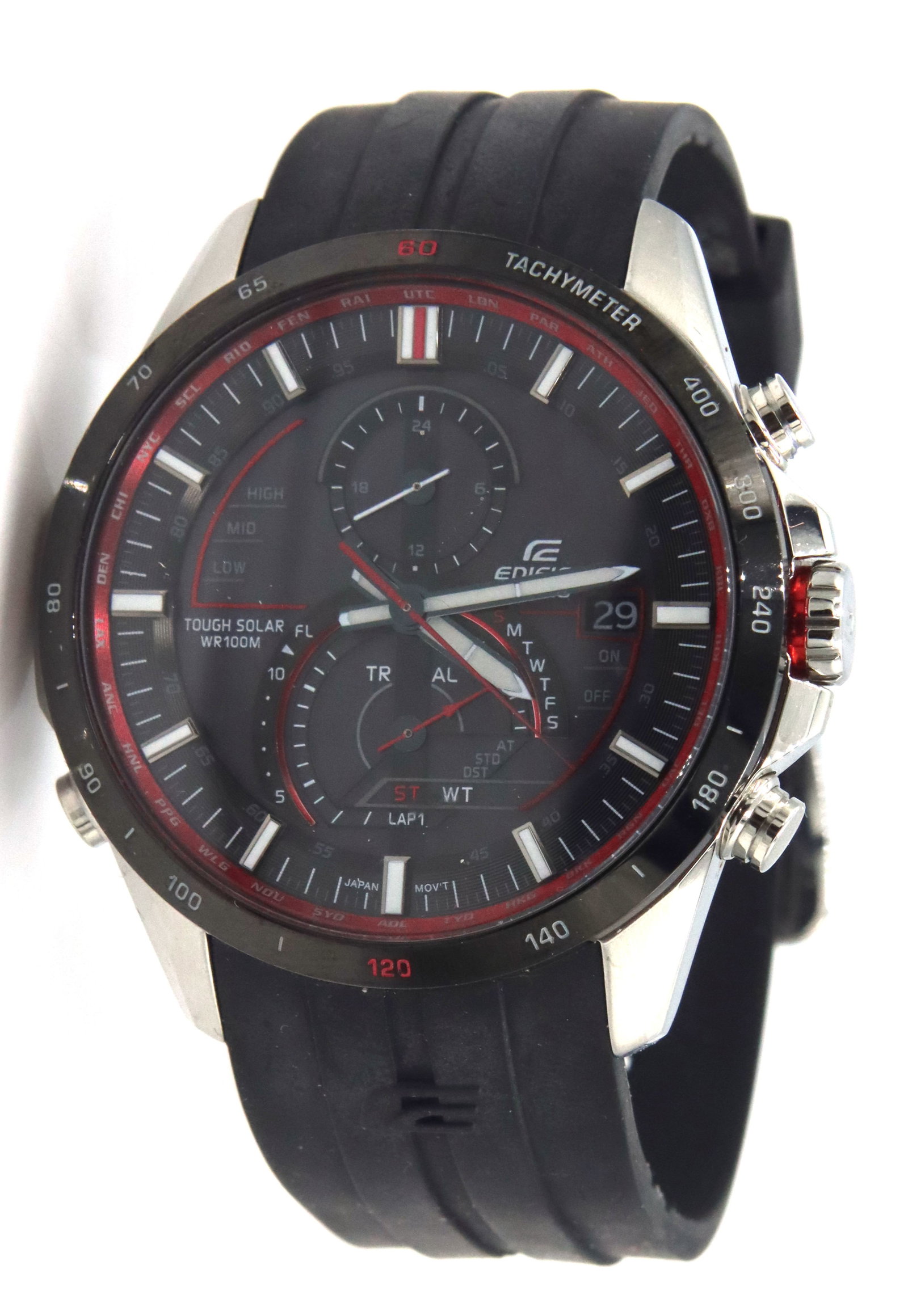 Casio Edifice EQS Solar chronograph watch: Casio Edifice EQS Solar chronograph watch with black rubber strap. The total weight of the watch is 82.6 grams.