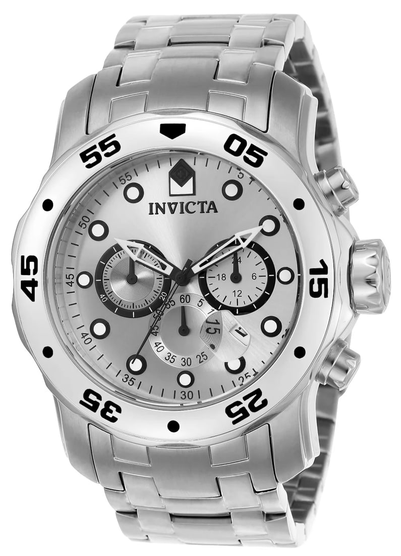 Invicta Men's Pro Diver Quartz Chronograph Silver Dial Watch: Plunge into any horizon using the steadfast guidance of the Invicta Pro Diver. Stylishly classic, internal workings are forged with variations of bold movements. Built with confident prowess, the fort