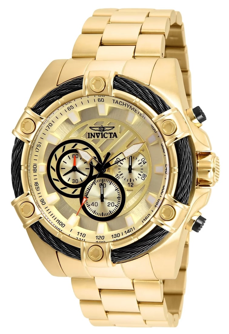 Invicta Men's Bolt Quartz Chronograph Gold Dial Watch: With sharpness in attitude and ability, the Invicta Bolt is a mastermind of dominance. Perfectly synchronized movements, complex casing engineering and signature rope jewelry design fastened around th