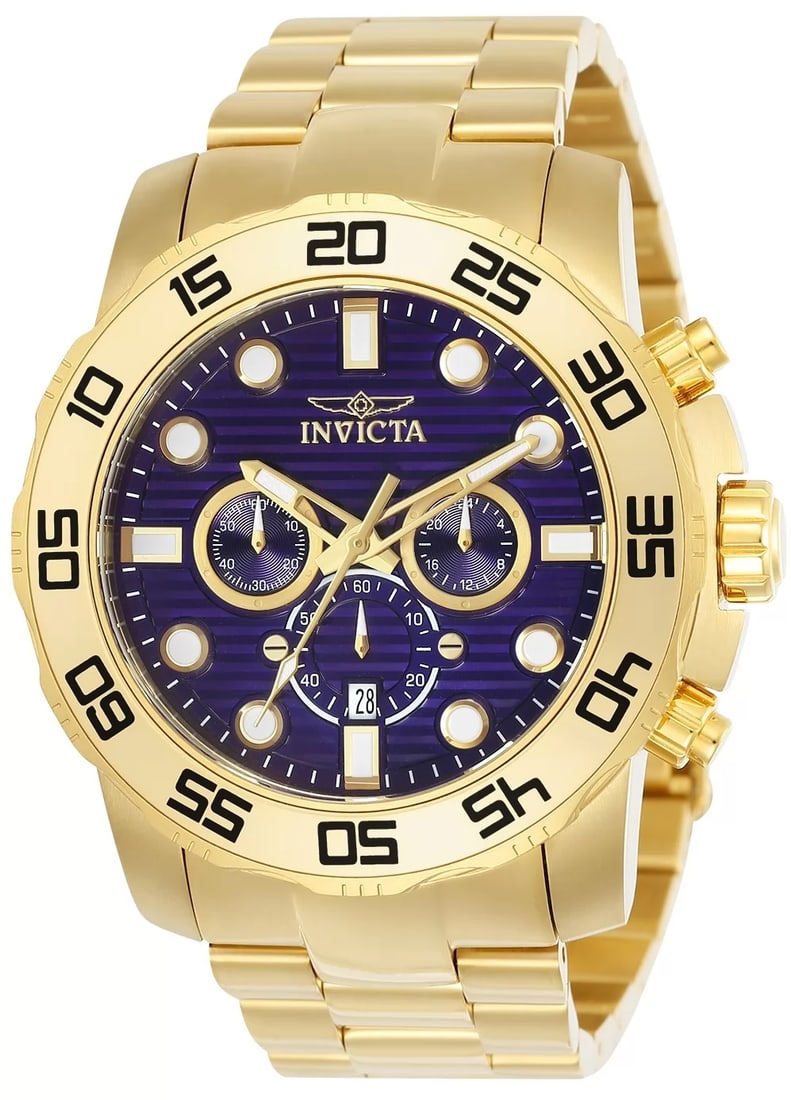 Invicta Men's Pro Diver Quartz Chronograph Blue Dial Watch: Plunge into any horizon using the steadfast guidance of the Invicta Pro Diver. Stylishly classic, internal workings are forged with variations of bold movements. Built with confident prowess, the fort