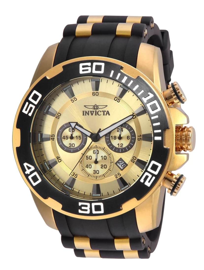 Invicta Men's Pro Diver Quartz Chronograph Gold Dial Watch: Plunge into any horizon using the steadfast guidance of the Invicta Pro Diver. Stylishly classic, internal workings are forged with variations of bold movements. Built with confident prowess, the fort