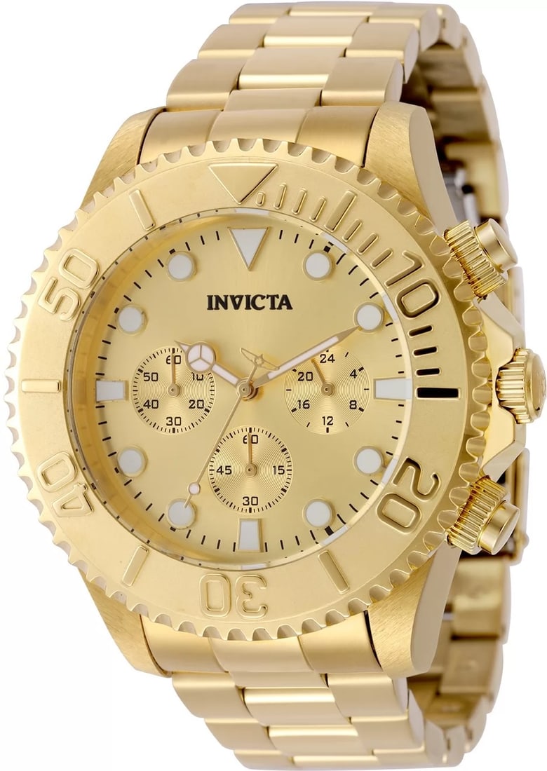 Invicta Men's Pro Diver Quartz VD54 Gold Dial Watch: Plunge into any horizon using the steadfast guidance of the Invicta Pro Diver. Stylishly classic, internal workings are forged with variations of either Swiss chronograph or 21-jewel automatic movemen