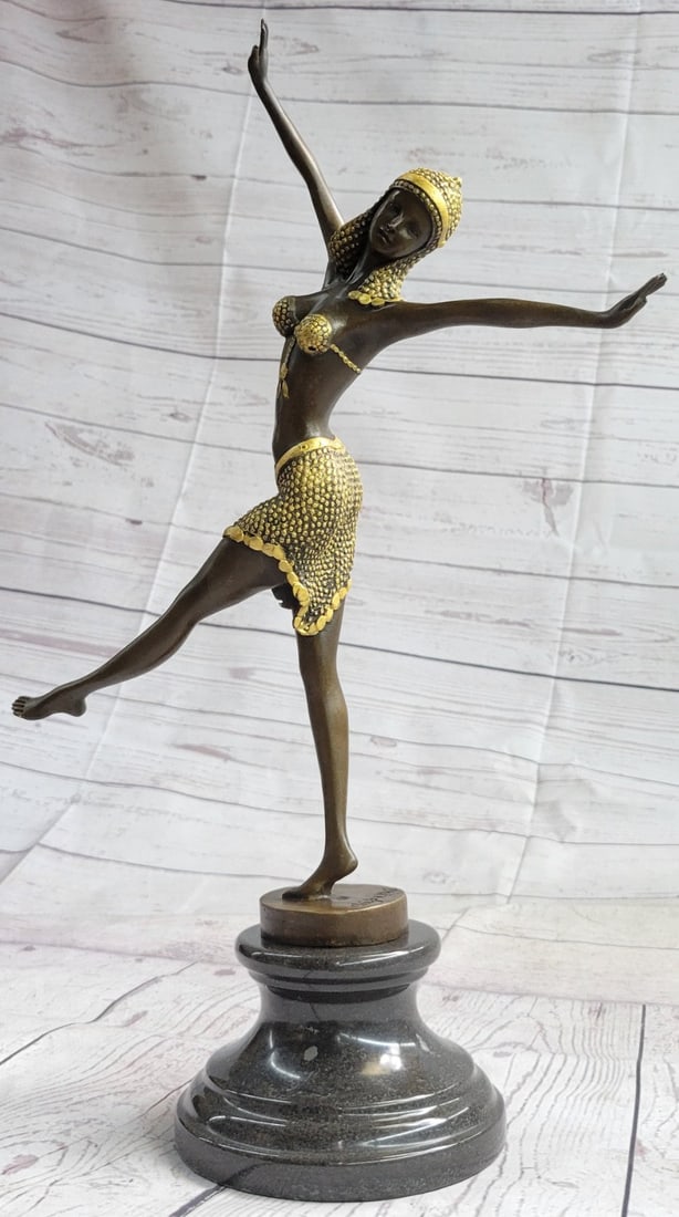 GOLD PATINA CHIPARUS EXOTIC DANCER BRONZE SATUE ART DEC: Condition: This sculpture is in perfect condition. Bronze Dimensions with Marble Base:Height 17" x Width?14"Marble Dimensions:?Diameter?4 1/2"Height without base:?15" Weight :8 LBSInventory : 32DS125B