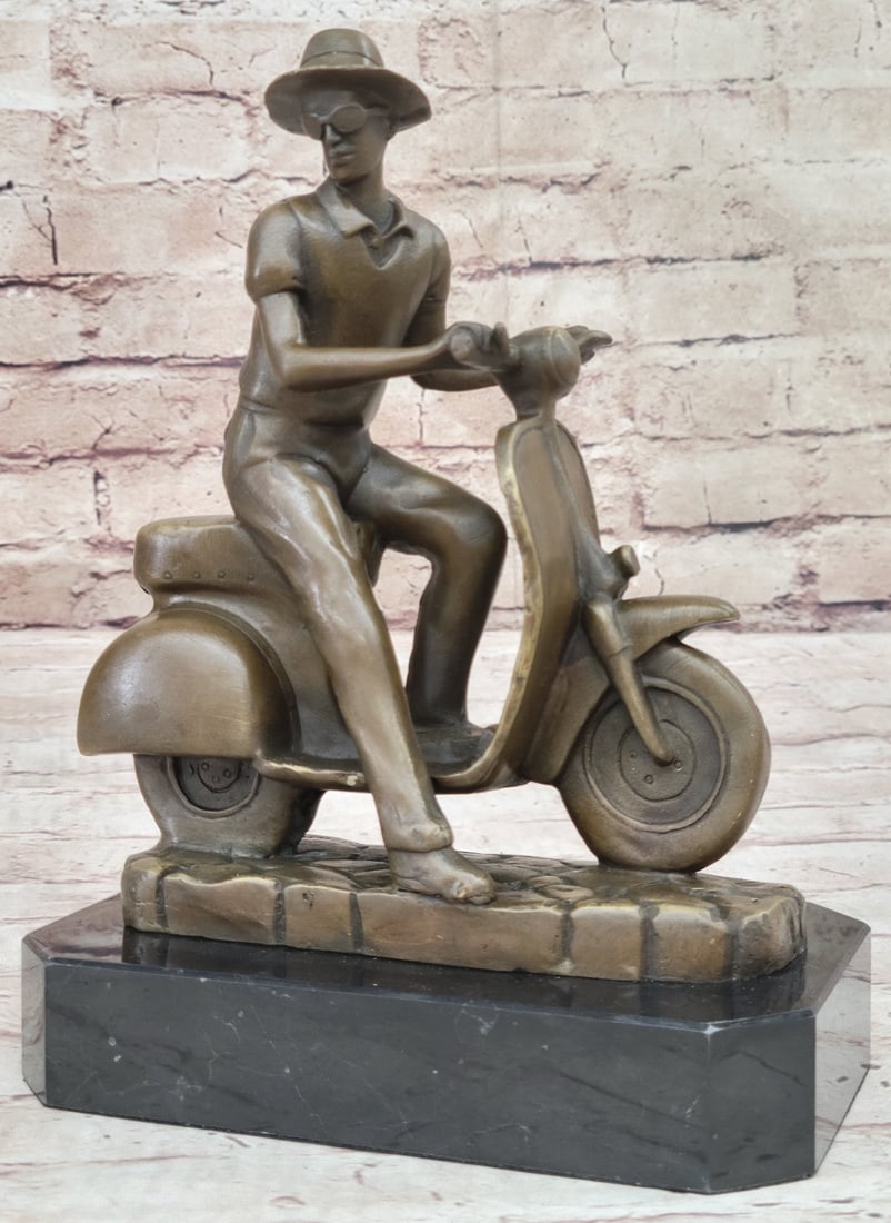 Modern Asian Man on Moped Bike Solid Bronze Sculpture Collectible Artwork Figurine Hot Cast (1 of 9)