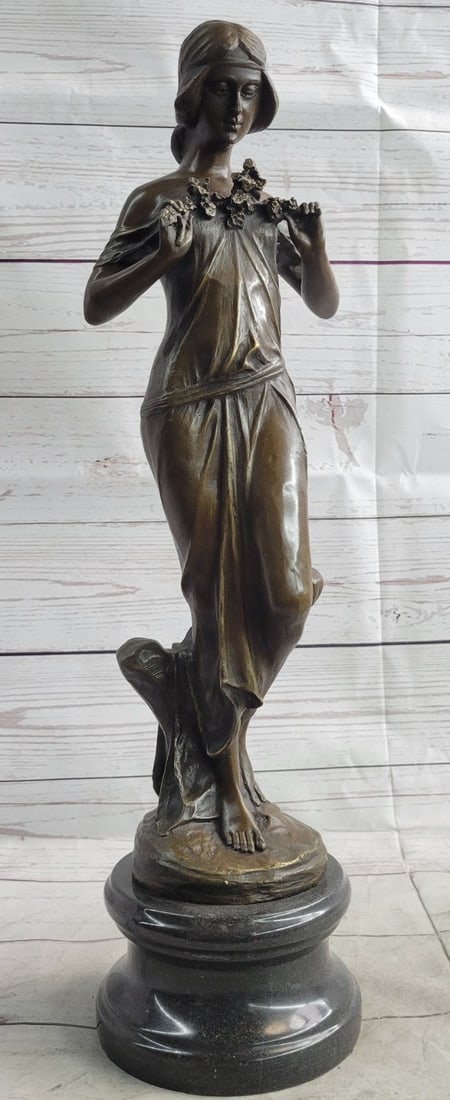 Collectible Art Deco Bronze Figurine of a Woman, Representing the Essence of Spring Sculpture: Condition: This sculpture is in perfect condition Bronze Dimensions with Marble Base: Height 19.5" X Width 5.5" Marble Dimensions: Diameter 5.5" Height without base:17" Weight:15 LBS Inventory:54YRD66