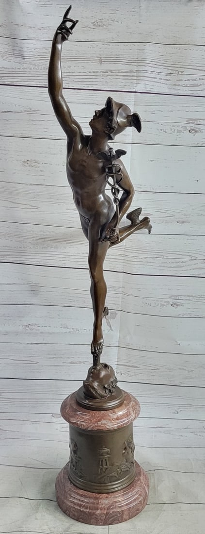 Extra Large Hot Cast Bronze Sculpture: Hermes Flying Mercury by Milo - Signed Original Artwork: Condition: This sculpture is in perfect condition Bronze Dimensions with Marble Base: Height 34" X Width 19.5" Marble Dimensions: Diameter 7.5" Height without base:26.5" Weight :27 LBS Inventory:90EPE