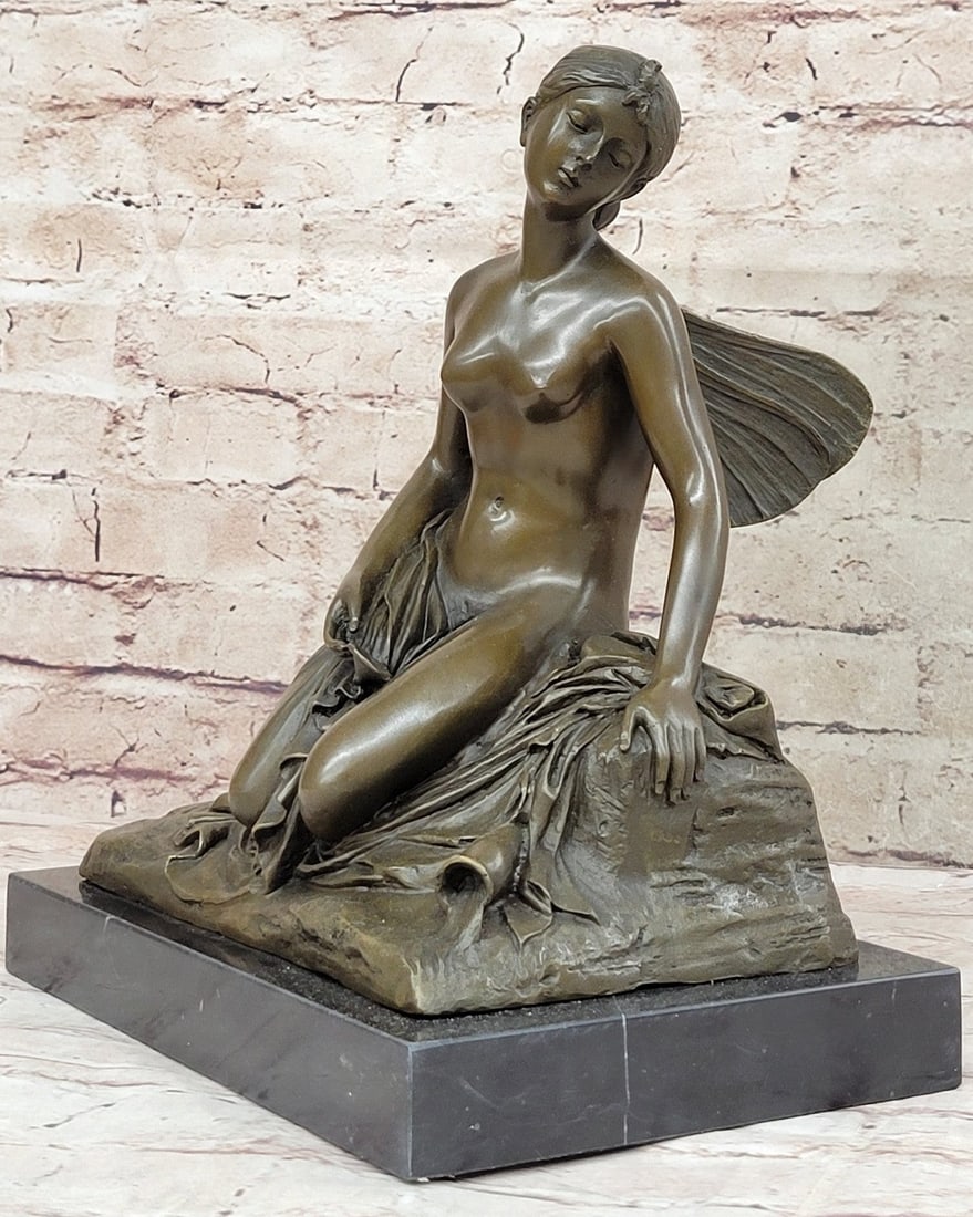 Hot Cast Lost Wax Method Bronze Fairy Statue | Elegant Home Decoration by M. Nick: Condition: This sculpture is in perfect condition. Bronze Dimensions with Marble Base: Height 11" X Width 10" Marble Dimensions:10" X 6 1/2" Height without base10" Weight:17 LBS Inventory:53EP9728635 