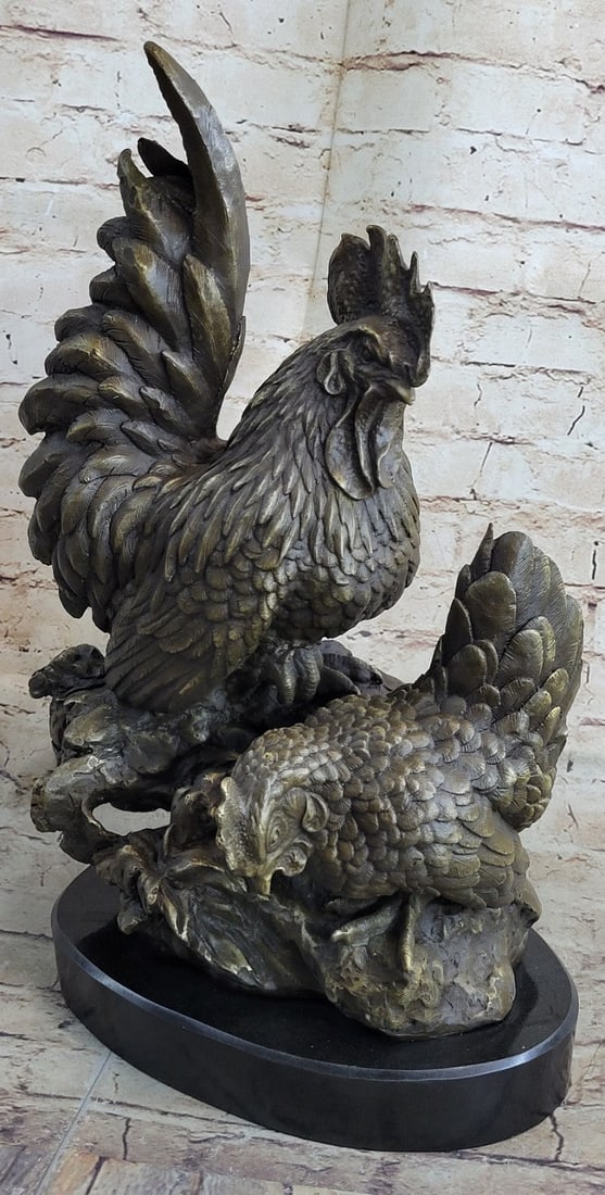 Bronze Sculpture Hot Cast Handcrafted Rooster Museums Quality Classic Work: Condition: This sculpture is in perfect condition. Bronze Dimensions with Marble Base: Height 18" x Width 11" Marble Dimensions: Diameter 10". Height without base: 7" Weight : 30 LBS Inventory : 25YRD