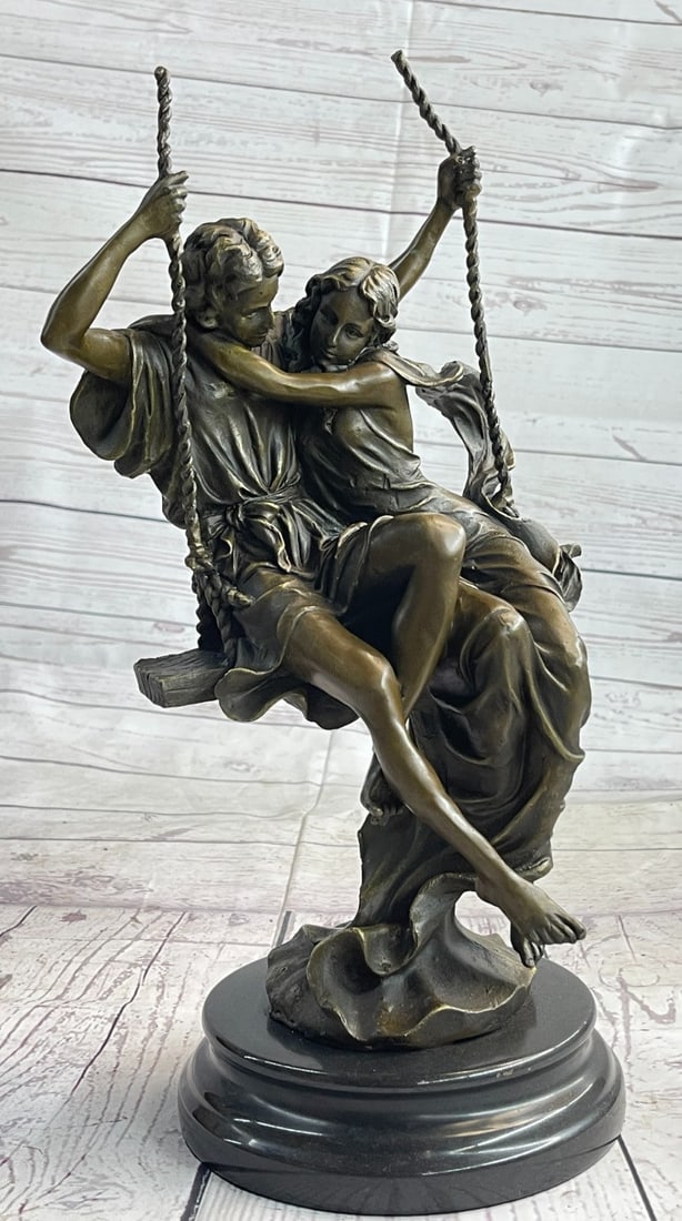 BRONZE COUPLE SITTING ON SWING SCULPTURE HOME OFFICE DECORATION DECOR GIFT: Condition: This sculpture is in a perfect condition Bronze Dimensions with Marble Base: Height 14" x Width 7.5" Marble Dimensions: Diameter 6" Height without base: 13" Weight : 15 LBS Inventory 17EPA1