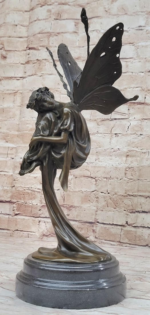 European Bronze Finery Bird Fairy Cast Bronze Garden Statue: Home Decorative: Condition: This sculpture is in perfect condition. Bronze Dimensions with Marble Base: Height 16" x Width 7" Marble Dimensions: Diameter 6" Height without base: 14" Weight :11 LBS Inventory :28EPA2816