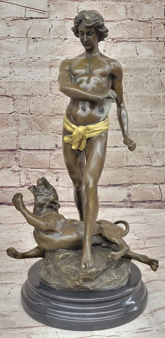 Lost Wax Method Winner Paris Exposition 1900 Nude Boy and Lion Bronze Sculpture Decor: Condition: This sculpture is in perfect condition. Bronze Dimensions with Marble Base: Height 16.5" x Width 7" Marble Dimensions: Diameter 7" Height without base: 15.5" Weight : 15 LBS Stabbed Leopard