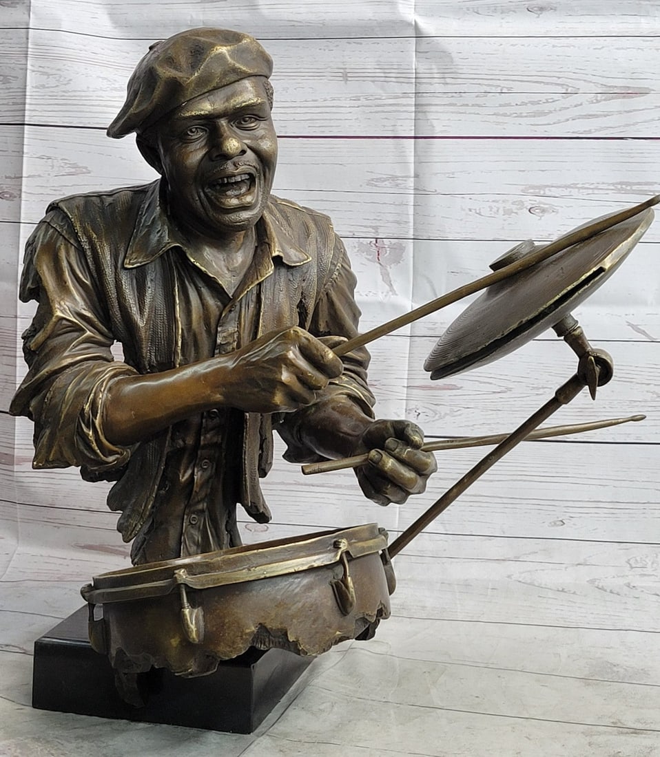 Hand Made Detailed Drum Player by Lost Wax Method Sculpture Home Decoration: Condition: This sculpture is in a perfect condition. Bronze Dimensions with Marble Base: Height 19" X Width 19" Marble Dimensions:7" X 7.5" Height without base:17" Weight:56 LBS Inventory:21YRD4842651