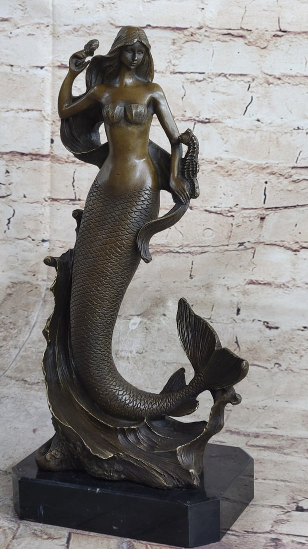 Beautiful Mermaid Standing On Beach Statue Sculpture Bronze Figurine Nautical: Condition: This sculpture is in perfect condition. Bronze Dimensions with Marble Base: Height 13" X Width 6" Marble Dimensions:6" X 4" Height without base:12" Weight:9 LBS Inventory:85YDZ1296358 Intro
