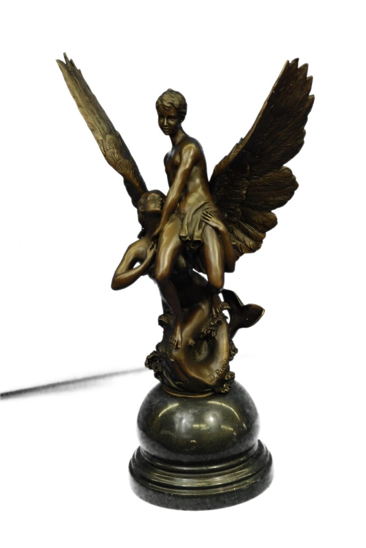 Winged Siren Seizing an Adolescent. Denys Pierre Puech 17" Tall Figurine: Condition: This sculpture is in perfect condition. Bronze Dimensions with Marble Base:Height 17" X Width 9" Marble Dimensions: Diameter 6" Height without base: 13" Weight : 18 LBS Inventory : 42EP8191