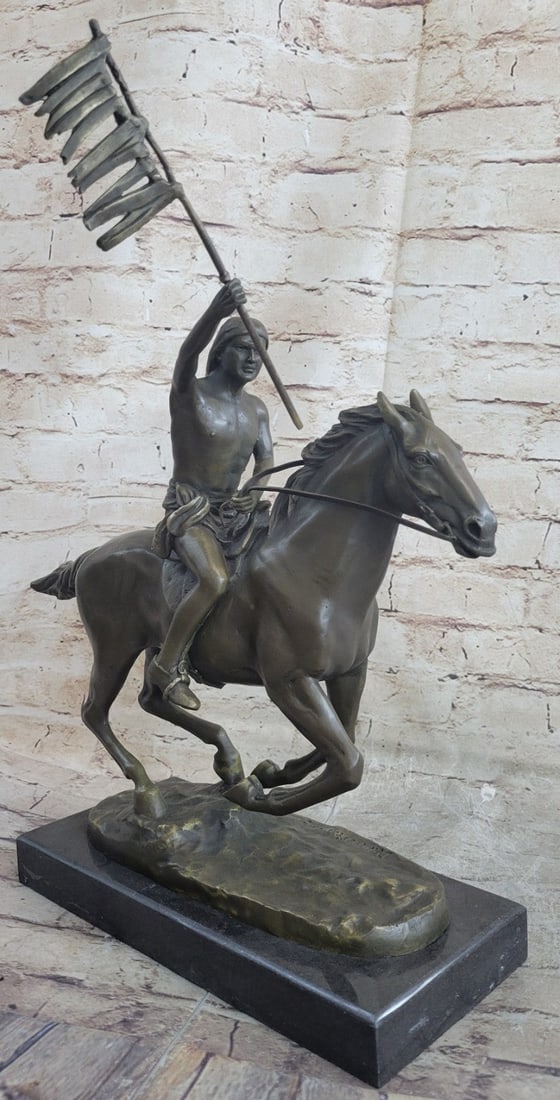 Signed Weston Semi Nude Indian warrior Holding A Flag Bronze Sculpture: Condition: This sculpture is in perfect condition. Bronze Dimensions with Marble Base: Height 14" x Width 15.5" Marble Dimensions:11" X 5" Height without base: 13" Weight : 20 LBS Inventory 64STE47571