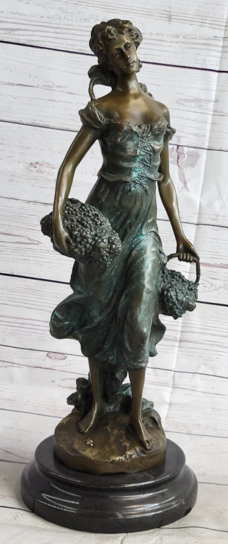 Hot Cast Bronze Thanksgiving Harvest Farmer Girl Statue Sculpture Figurine Art: Condition: This sculpture is in perfect condition. Bronze Dimensions with Marble Base: Height 17" x Width 6" Marble size: Diameter 6" Height without base: 15 1/2" Weight : 17 LBS This bronze statue by