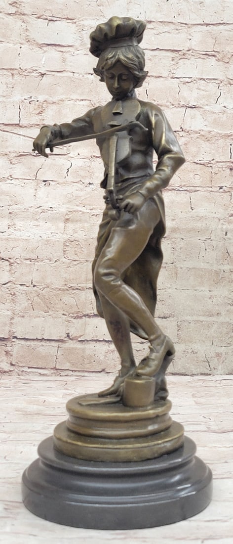 Art Nouveau Hot Cast Male Violin Player Bronze Sculpture Marble Base Figurine: Condition: This sculpture is in a very good condition. Bronze Dimensions with Marble Base: Height 15" x Width 5" Marble Dimensions: Diameter 5". Height without base: 13 1/2" Weight : 11 LBS Inventory 