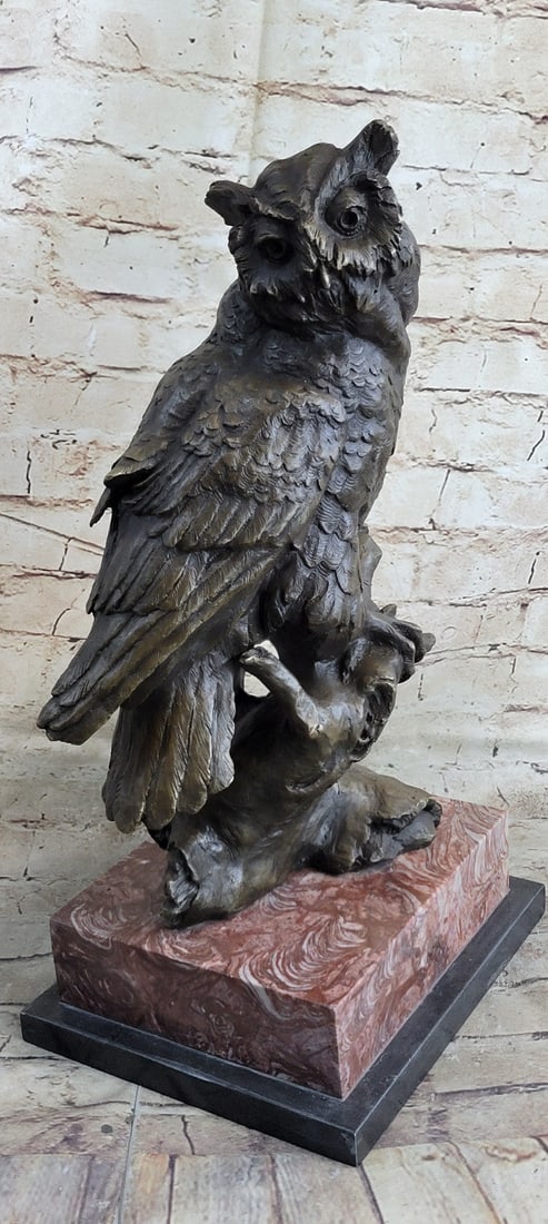 Large Signed Original Art Deco Owl Bird Bronze Statue by Milo Hot Casting: Condition: This sculpture is in perfect condition Bronze Dimensions with Marble Base: Height 17" X Width 8.5" Marble Dimensions: 8.5" X 7" Height without base: 14" Weight: 30 LBS Inventory:54AL2001853