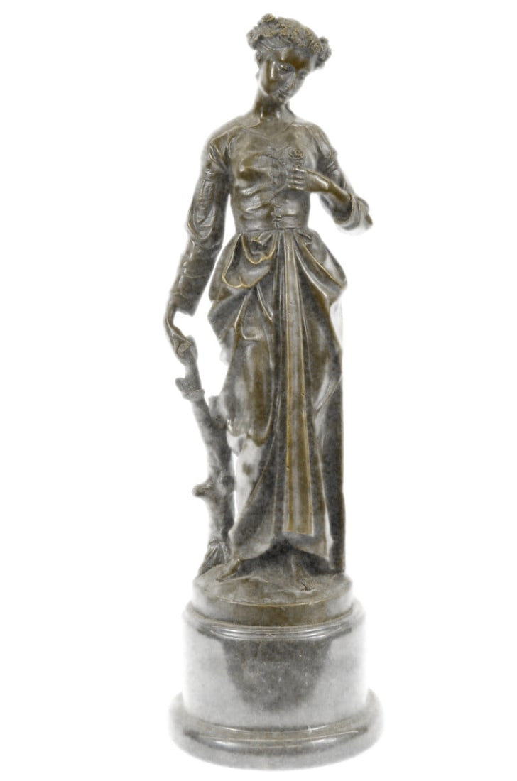 Young Girl Stands In Garden Handcrafted Bronze Sculpture Figure Hot Cast Art T: Condition: This sculpture is in perfect condition. Bronze Dimensions with Marble Base:Height 17" x Width 7" Marble Dimensions: diameter 5". Height without base: 13" Weight : 14 LBS Inventory 97B772717