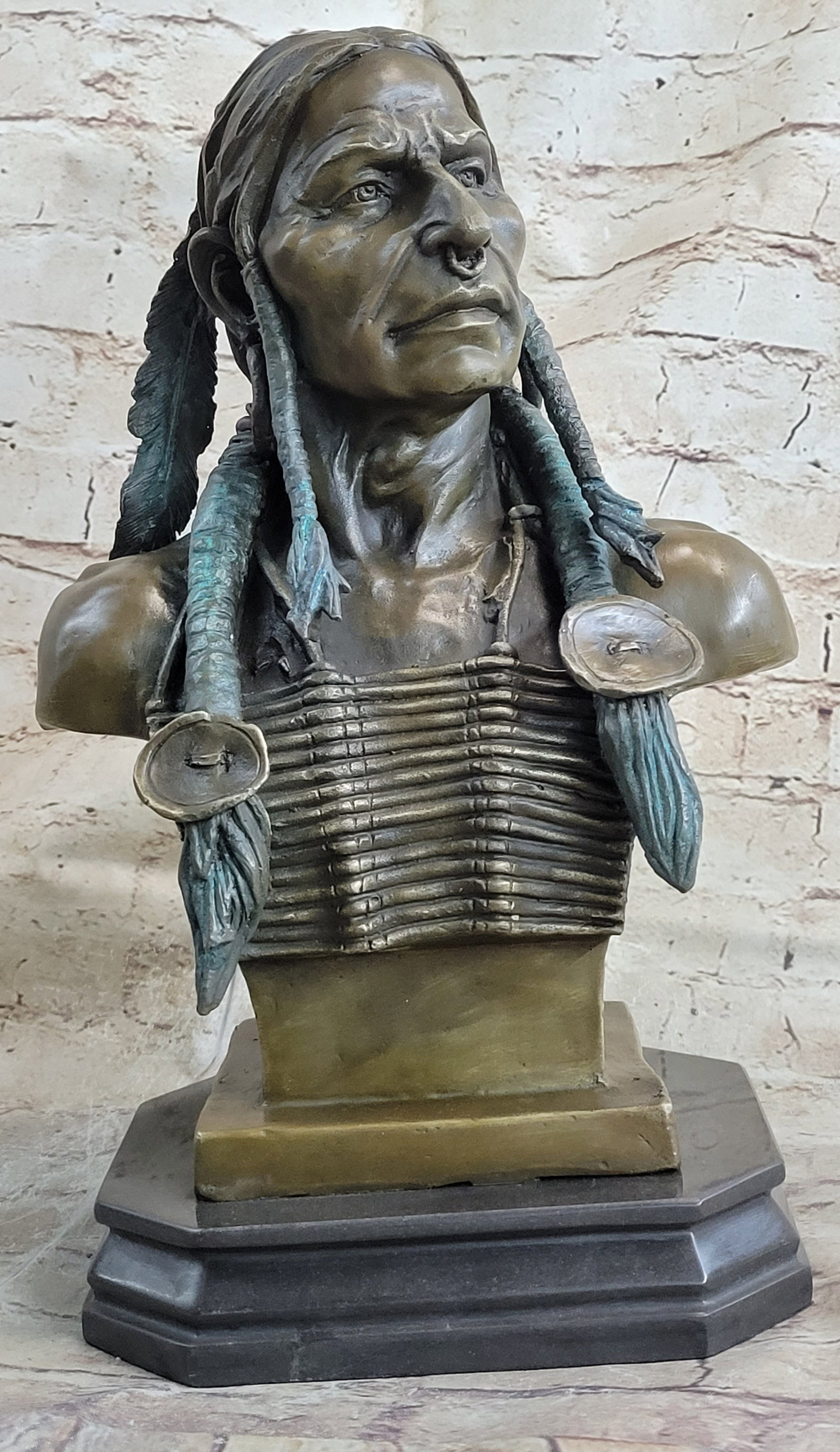 Original Real Bronze Native American Indian Cheif Bear Headdress Bust Sculpture: Condition: This sculpture is in perfect condition Bronze Dimensions with Marble Base: Height 14" X Width 10" Marble Dimensions:7 1/2" X 6" Height without base:10" Weight:20 LBS Inventory:81Y140B9518 S