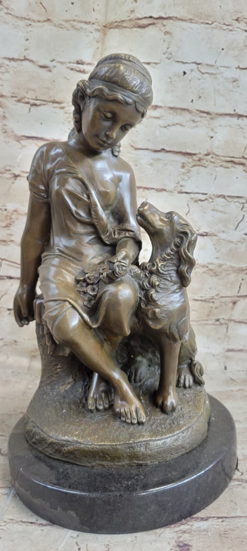Hand Made Detailed Woman and her Dog by Lost Wax Method Bronze Sculpture: Condition: This sculpture is in perfect condition. Bronze Dimensions with Marble Base: Height 14" x Width 8" Marble Dimensions: Diameter 8" Height without base: 13" Weight : 17 LBS Inventory : 15X0912