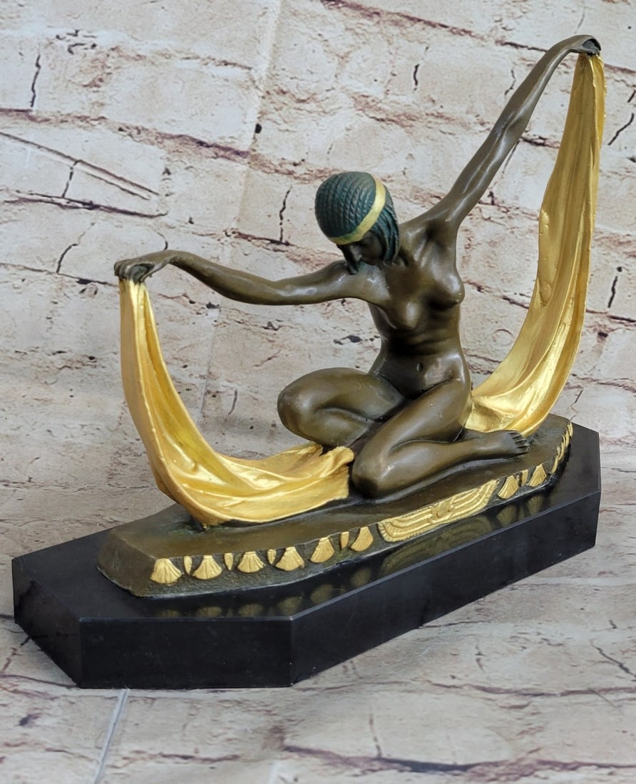 Nude Scarf Dancer Signed Bronze Marble Ballet Russe Folies Bergere Art Deco: Condition: This sculpture is in perfect condition Bronze Dimensions with Marble Base: Height 10" X Width 12" Marble Dimensions:12" X 4 1/2" Height without base:11" Weight:10 LBS Inventory:30DS132B4203