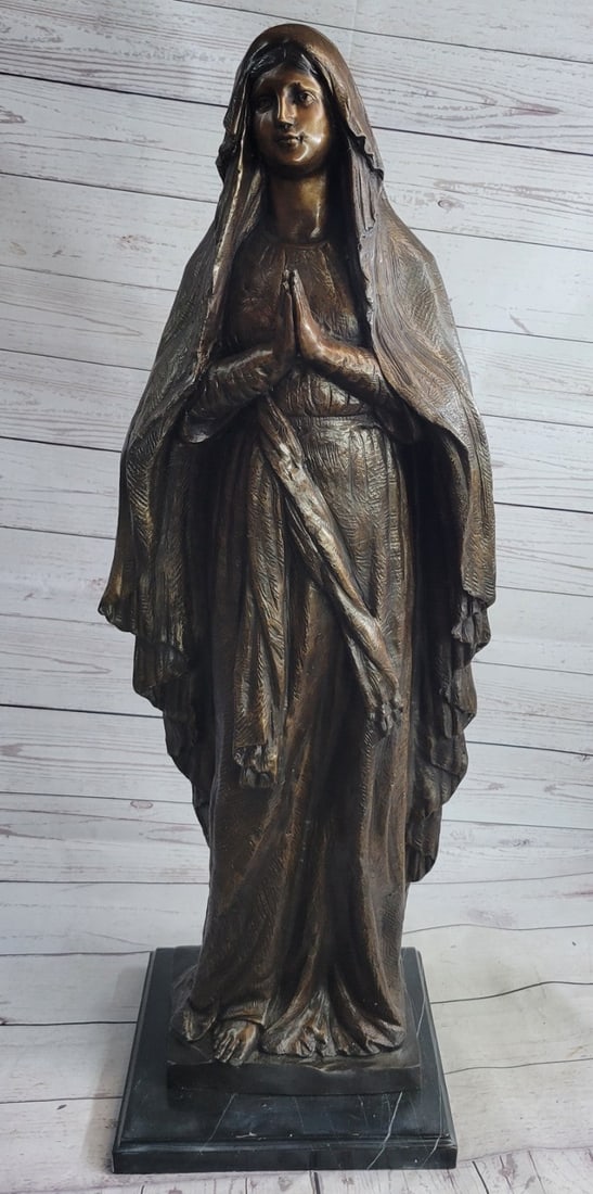 32" Tall Madonna Virgin Mary Religious Catholic Jesus Mother Bronze Sculpture S: Condition: This sculpture is in perfect condition. Bronze Dimensions with Marble Base: Height 32" x Width 12" Marble Dimensions:10" X 8" Height without base: 31" Weight :47 LBS Inventory : 16-29508M23