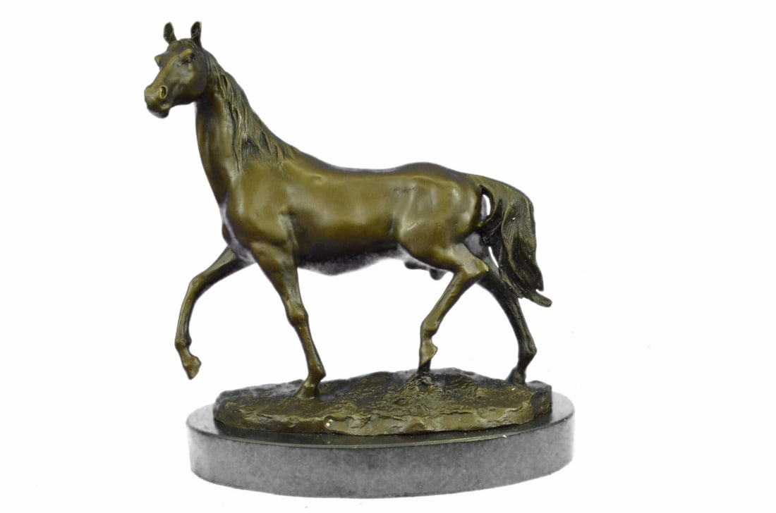 Art Deco Hot Cast Strong Stallion Racing Horse Bronze Sculpture Marble Figurine: Condition: This sculpture is in a perfect condition. Bronze Dimensions with Marble Base:Height 10 1/2" x Width 12" Marble Dimensions: Diameter 10" Height without base: 9 1/2" Weight : 10 LBS Inventory