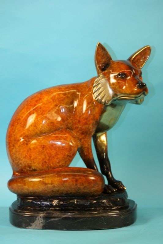 Hot cast bronze seated fox by Marius Unique Genuine Signed and Numbered Bronze: Condition: This sculpture is in perfect condition. Bronze Dimensions with Marble Base:Height 18" x Width 18" Marble Dimensions:Diameter 12" Height without base: 17" Weight :30 LBS Inventory :242895523