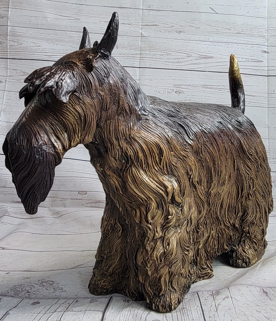 **RARE** MOIGNIEZ FRENCH 100% BRONZE SCOTTISH TERRIER IN STANDING POSE FIGURINE: Condition: This sculpture is in perfect condition. Bronze Dimensions :Height 16" x Width 20" Weight : 25 LBS Inventory 93-50416M12239 This in an adorably accurate statue of a Scottish terrier. Brave a