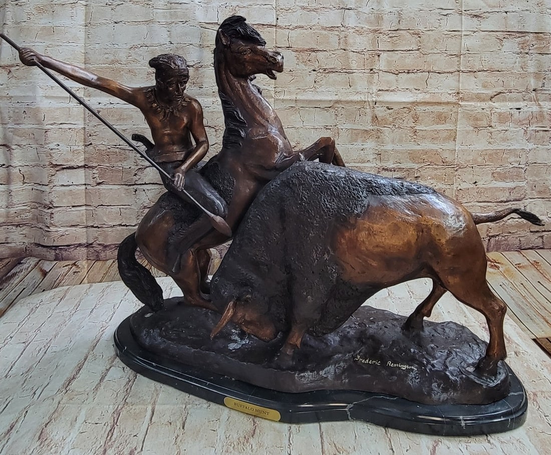 Handcrafted bronze sculpture SALE By Russell Solid Collectible Hunt" Buffalo *: Condition: This sculpture is in perfect condition. Bronze Dimensions with Marble Base: Height 21" x Width 26" Marble Dimensions: Diameter 24" Height without base: 22" Weight :51 LBS Inventory : 71-574