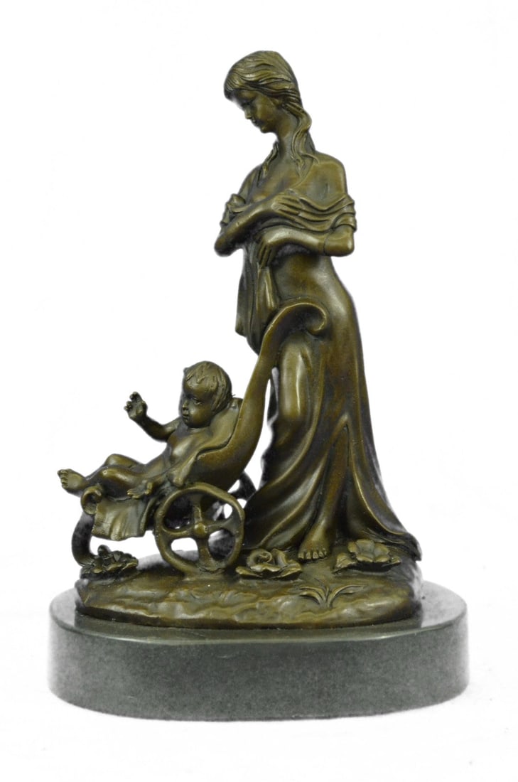 Handcrafted by Lost Wax Method Well Detailed Mother and Nude Baby Bronze Statue: Condition: This sculpture is in perfect condition. Bronze Dimensions with Marble Base:Height 10.5" x Width 6.5" Marble Dimensions: Diameter 6.6" Height without base: 9.5" Weight :8 LBS Inventory : 31Y