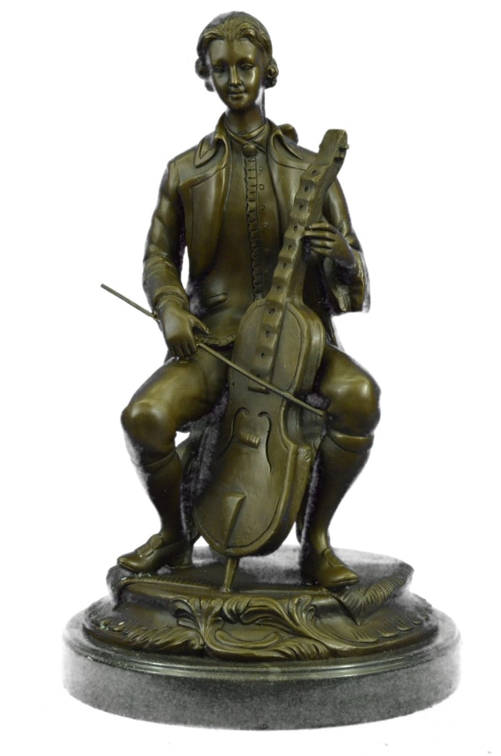 Jazz Band musician cello players Collectible Figurine Hand Made Sculpture: Condition: This sculpture is in perfect condition. Bronze Dimensions with Marble Base:Height 14.5" X Width 8.5" Marble Dimensions:Diameter 8.5" Height without base: 13.5" Weight : 23 LBS Inventory:64Y