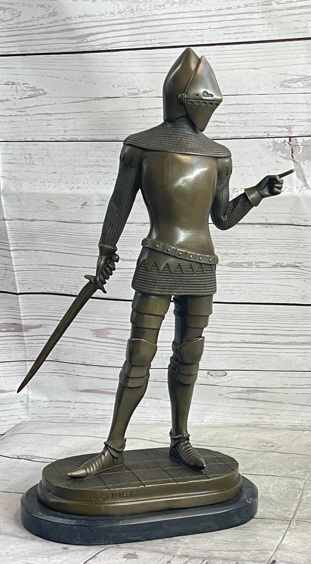 Hot Cast European Knight With Armor and Sword Bronze Sculpture Marble Figurine: Condition: This sculpture is in perfect condition Bronze Dimensions with Marble Base: Height 15.5" X Width 8" Marble Dimensions: Diameter 8" Height without base:14.5" Weight :10 LBS Inventory :69B3305