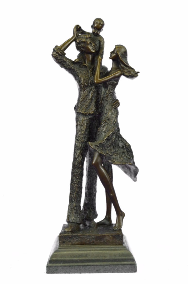 Handcrafted Detailed Mom and dad and their Love Child Bronze Masterpiece Sale: Condition: This sculpture is in a very good condition. Bronze Dimensions with Marble Base:Height 19" x Width 6" Marble Dimensions: Diameter 6.5". Height without base: 18" Weight : 17 LBS Inventory: 37
