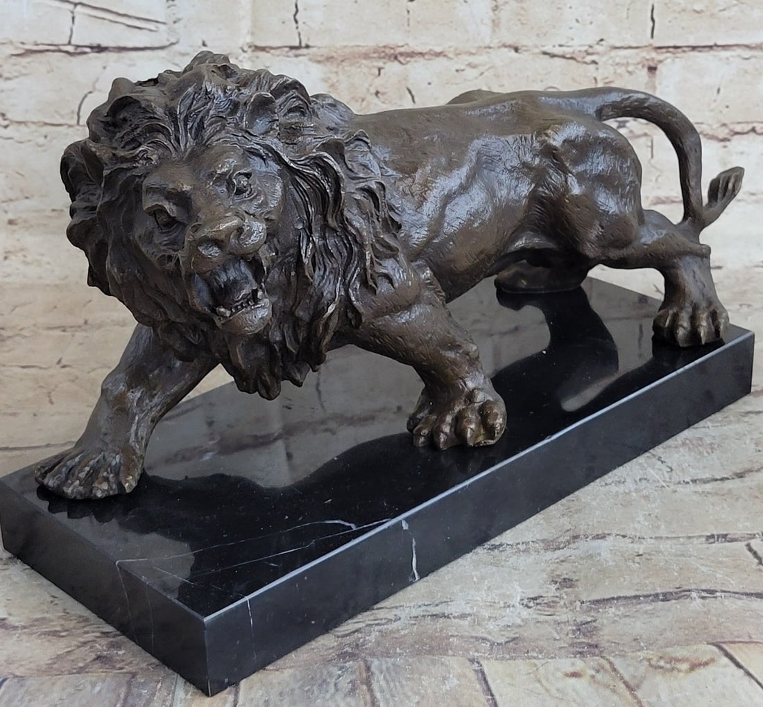 Handcrafted 14 LBS Large African Male Lion Museum Quality Bronze Statue Artwork: Condition: This sculpture is in perfect condition. Bronze Dimensions with Marble Base: Height 8" x Width 14" Marble Dimensions: 12" X 5" Height without base: 7" Weight : 14 LBS Inventory : 23-X0284543